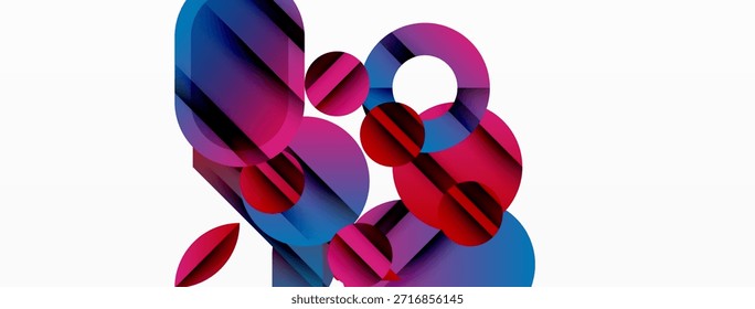 Las Formas Abstractas se superponen, creando mezclas de colores vibrantes. La composición presenta azules, rosas, rojos sobre fondo blanco. Diseño moderno.
