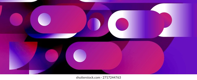 Abstract shapes overlap, creating vibrant purple, pink, blue gradients. Modern design, dynamic composition, smooth transitions present.