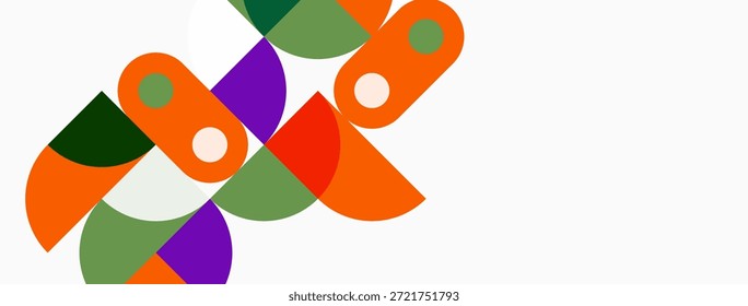 Abstract shapes overlap, creating vibrant composition. Orange, green, purple dominate white background. Modern design elements present.