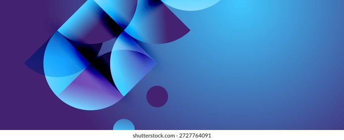 Formas abstratas se sobrepõem, criando vibrantes gradientes azuis e roxos. Transições suaves sugerem profundidade, movimento, estética de design moderno.