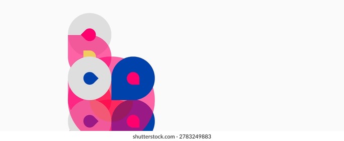 Abstract shapes overlap, creating vibrant pink, blue, gray composition. Minimalist design with ample white space. Modern aesthetic.