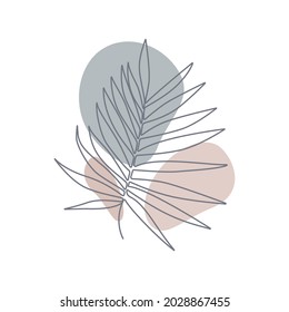 Abstract shapes and palm leaves drawn by one line. Outline drawing. The art of minimalism. Suitable for home decor, posters, wall art, prints, stickers, mobile phone cases. Vector illustration.