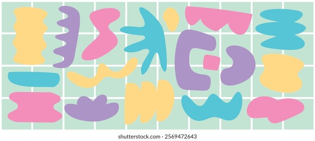 Abstract shapes in pastel colors, featuring pink, yellow, blue, and purple. Curved, wavy, and geometric shapes create a playful, colorful pattern. Colorful abstract elements, vector set.