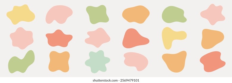 Abstract shapes in pastel colors, featuring pink, green, yellow, and orange blobs. Pastel shapes in a playful pattern. Colorful blobs create a whimsical design. Pastel shapes, vector element set.