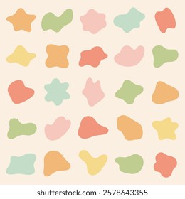 Abstract shapes in pastel colors, featuring stars, blobs, and organic forms. Soft pastel tones create a playful, abstract pattern with colorful shapes. Pastel shapes, vector element set.