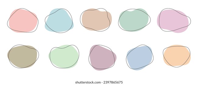 Abstract shapes in pastel colours with asymmetric edges and black line boarders. Simple liquid blob elements. Creative frame templates. Vector illustrations set.