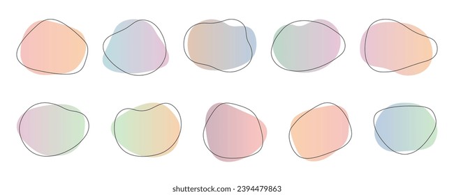 Abstract shapes in pastel gradient colours with uneven edges and black line boarders. Liquid blob elements. Creative asymmetrical frame templates. Vector illustrations set.