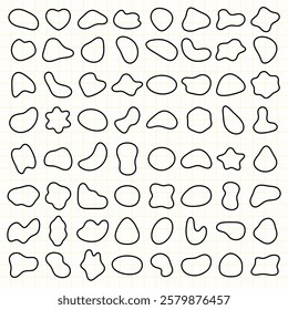 Abstract shapes pattern with black outlines on a grid background. Shapes vary in size and form. Abstract shapes repeat, creating a dynamic pattern. Black shape vector set.