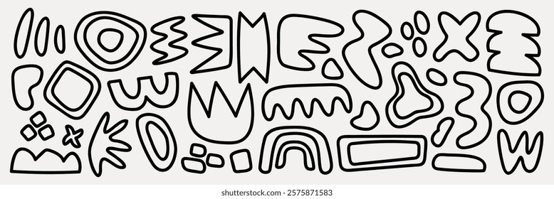 Abstract shapes pattern with bold lines. Black abstract shapes on white. Unique abstract shapes create a modern, artistic pattern. Abstract art design. Black and white vector set.