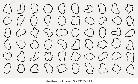 Abstract shapes pattern with irregular, organic forms. Black outlines on a white background. Unique, abstract shapes create a modern, artistic pattern. Black shape vector set.