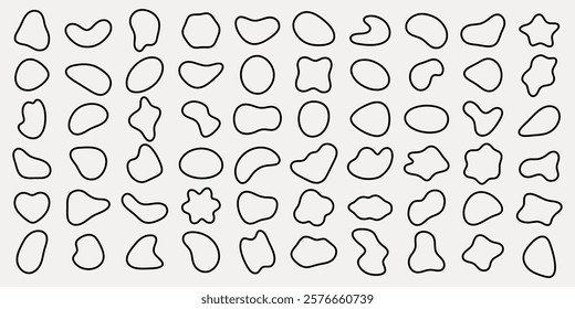 Abstract shapes pattern with irregular, organic forms. Black outlines on a light background. Repeating abstract shapes create a playful, artistic design. Black shape vector set.