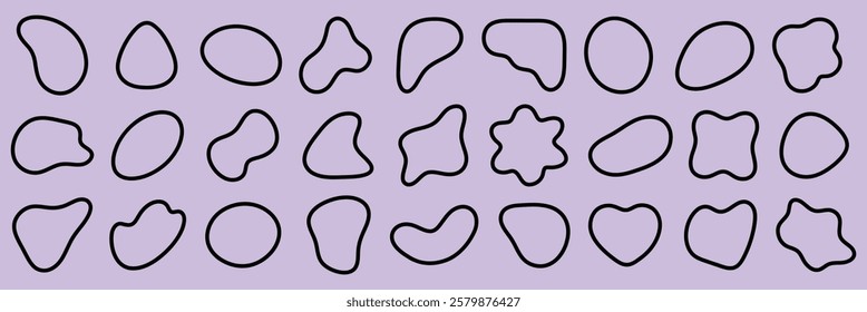 Abstract shapes pattern on a purple background. Random abstract shapes create a unique design. The abstract shapes add a modern touch to the pattern. Black shape vector set.
