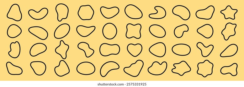 Abstract shapes pattern on yellow background. Random shapes create a playful, artistic design. Shapes vary in size and form, adding visual interest. Black shape vector set.