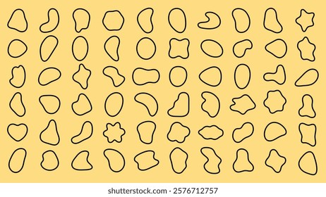 Abstract shapes pattern on yellow background. Various abstract shapes in black outline. Repeated abstract shapes create a playful, modern design. Black shape vector set.
