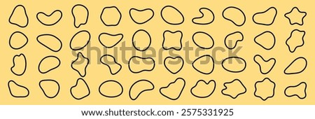 Abstract shapes pattern on yellow background. Random shapes create a playful, artistic design. Shapes vary in size and form, adding visual interest. Black shape vector set.