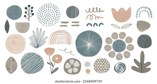 Abstract shapes and patterns in earthy tones. Circles, leaves, and lines create a modern, artistic design. Abstract and earthy, perfect for creative projects. Memphis elements, vector set.