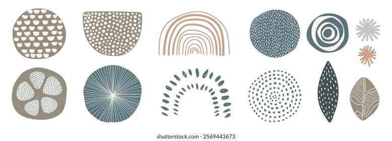 Abstract shapes and patterns in earthy tones. Circles, arcs, and dots create a modern, minimalist design. Neutral colors enhance the abstract, artistic feel. Memphis elements, vector set.