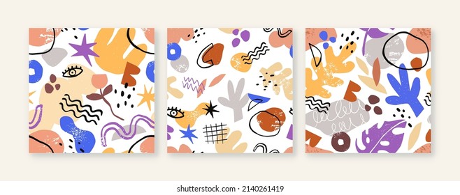 Abstract shapes patterns set. Seamless doodle textures with repeating creative print. Organic geometric background designs in modern trendy style. Isolated flat vector illustrations for textile, paper