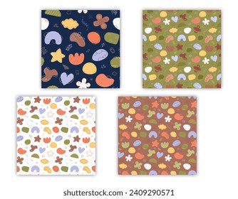 Abstract shapes patterns set. Vector seamless backgrounds with hand drawn elements. Trendy abstraction minimalist objects, decorative blobs, stains.