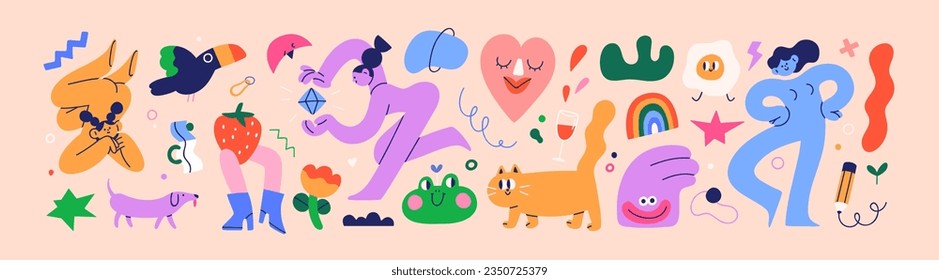 Abstract shapes, people, creative design elements, funny doodle items, animals in modern style. Trendy decorative clipart set. Cool funky decorations bundle. Isolated flat graphic vector illustrations