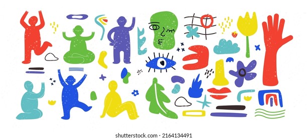 Abstract shapes and people. Cute doodle faces and geometry blobs, flowers and leaves with scribble silhouettes. Colorful strange characters in different poses, vector isolated illustration