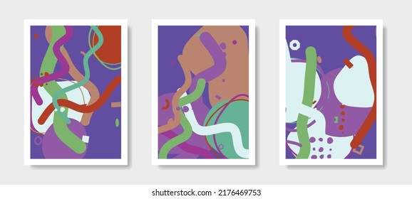Abstract Shapes Picture. Contemporary Modern Trendy Vector Illustration. Geometric Bauhaus Design. Wall Art Abstract Scandinavian Background. Nordic Art. Set of three prints.