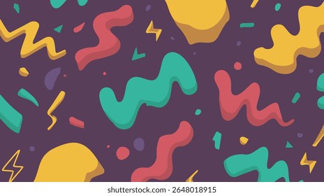 Formas abstratas decoram de forma lúdica o fundo animado na cena digital contemporânea.