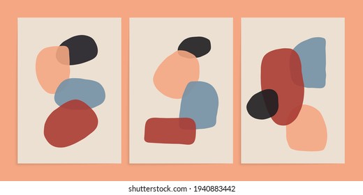 Abstract shapes posters. Boho contemporary backgrounds bohemian aesthetic, wall art prints. Vector illustration