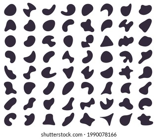 Formas abstractas. Formas de blob aleatorias, elementos de bloqueo de tinta líquida aislado conjunto de ilustraciones vectoriales. Blobs formas aleatorias de silueta. Burbujas de silueta y redondeo abstracto irregular