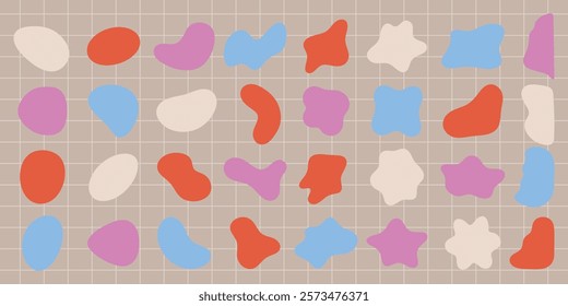 Abstract shapes in red, blue, pink, and cream on a beige grid background. Colorful abstract shapes create a playful pattern. Abstract design with vibrant shapes. Colorful shapes, vector element set.