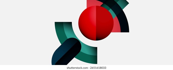 Formas abstratas, a esfera vermelha domina o centro. Curvas verdes e escuras criam composição dinâmica. Design minimalista, fundo limpo.