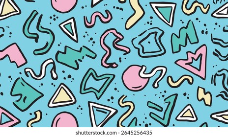 Abstract shapes repeat dynamically across colorful graphic background.