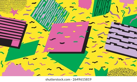 Abstract shapes scatter vibrant background creating energetic pattern design
