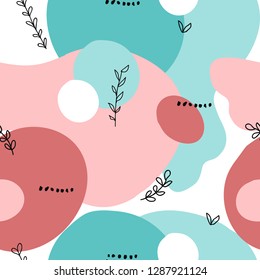 Abstract shapes seamless collage pattern with dots, floral, round and angles and geometrical elements. Tileable modern wallpaper background for web, banners, cards, fabric, textile and surface design