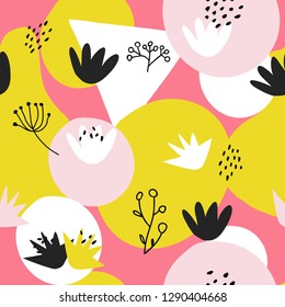 Abstract shapes seamless collage pattern with dots, floral, round and angles and geometrical elements. Tileable modern wallpaper background for web, banners, cards, fabric, textile and surface design