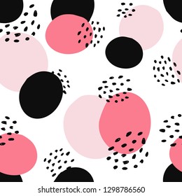 Abstract shapes seamless collage pattern with dots, floral, round and angles and geometrical elements. Tileable modern wallpaper background for web, banners, cards, fabric, textile and surface design