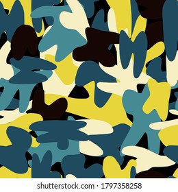 Abstract shapes seamless hand drawn pattern. Yellow, blue and black multicolor scribble print. Bright creative design. Backdrop for wallpaper, textile, wrapping, fabric print. Vector illustration.
