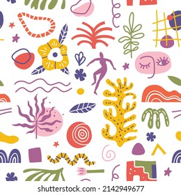 Abstract shapes seamless pattern. Background illustration of flat matisse style art wallpaper. Backdrop design for fashion fabric or modern trend print with hand drawn contemporary elements