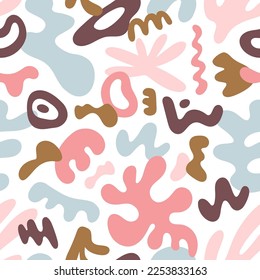 Abstract shapes, seamless pattern. Background design, repeating print with modern organic elements, fluid wavy blobs. Endless texture for fabric, textile. Flat vector illustration for decoration