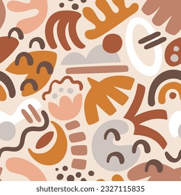 Abstract shapes seamless pattern. Boho organic shapes with warm color palette. Square repeat pattern design. Vector illustration.