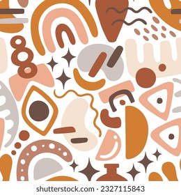 Abstract shapes seamless pattern. Boho organic shapes with warm color palette. Square repeat pattern design. Vector illustration.