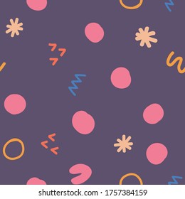Abstract shapes seamless pattern. Abstract festive background with colorful sprinkles and dots. Vector illustration design.