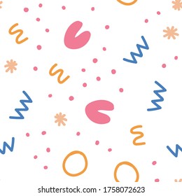 Abstract shapes seamless pattern. Abstract festive background with colorful sprinkles and dots. Vector illustration design.