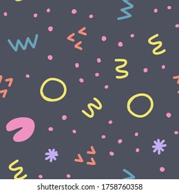 Abstract shapes seamless pattern. Abstract festive background with colorful sprinkles and dots. Vector illustration design.