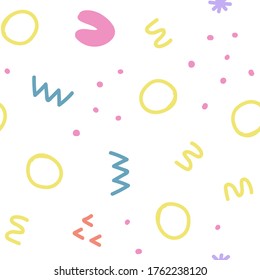 Abstract shapes seamless pattern. Abstract festive background with colorful sprinkles and dots. Vector illustration design.