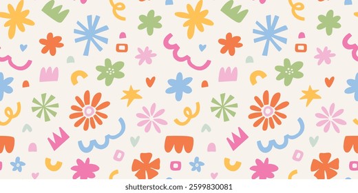 Abstract shapes seamless pattern, groovy retro endless print for textile, wallpapers, backgrounds, party decor, digital paper, wrapping paper, packaging, etc. EPS 10