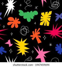 Abstract shapes seamless pattern on black background. Bright vector repeatable design. Geometric forms, blobs and hand-drawn elements.