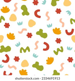 Abstract shapes seamless pattern. Trendy colorful freehand shape background design. Scribble decoration wallpaper, artistic terrazzo style stones or childish blobs. Vector background. 