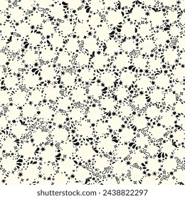Abstract shapes seamless repeat pattern. Random placed, vector stars, rectangles and drops aop all over surface print in black and white.