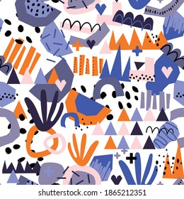 Abstract shapes seamless vector background. Repeating contemporary organic paper cut shapes background. Modern geometrics pink orange blue modern design for fabric, wrapping, wallpaper.